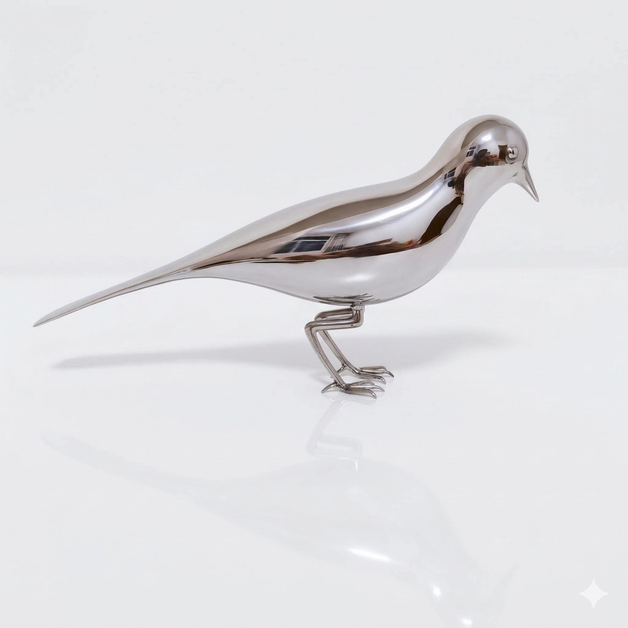 Mirror polished stainless steel bird sculpture