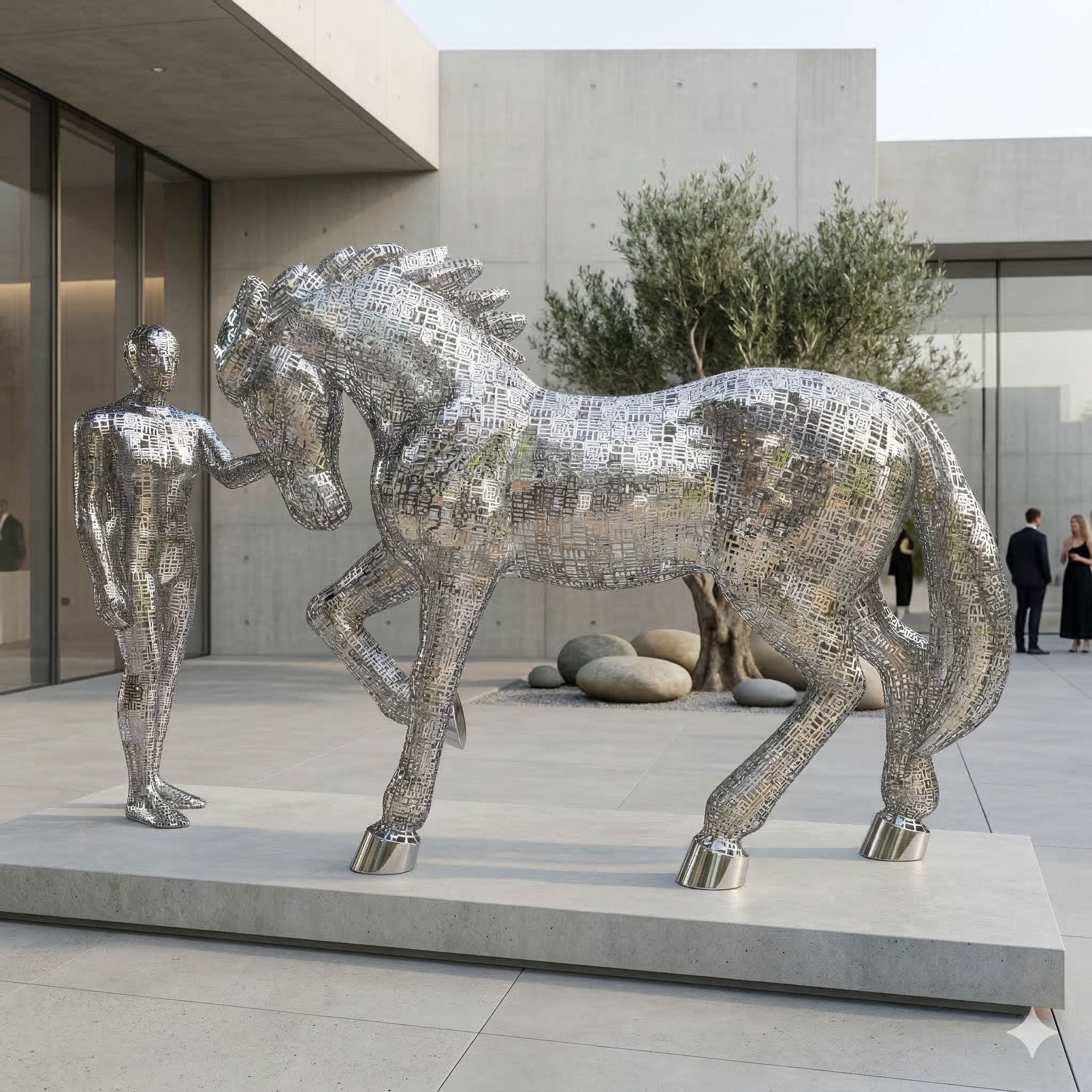 Mirror polished horse sculpture in modern art space
